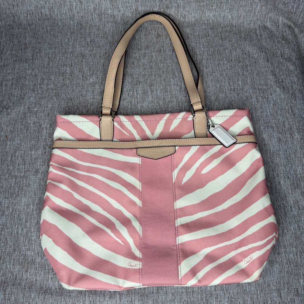 Coach Pink Zebra Print Canvas Tote Bag Leather Trim F23283 Two Hangtags
